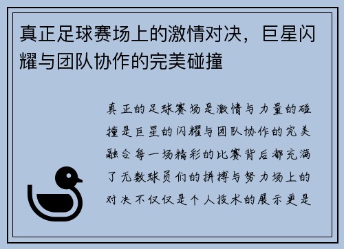 真正足球赛场上的激情对决，巨星闪耀与团队协作的完美碰撞