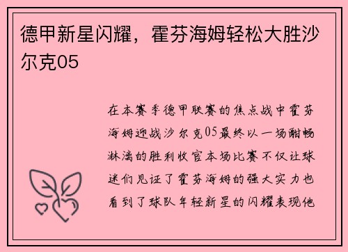 德甲新星闪耀，霍芬海姆轻松大胜沙尔克05